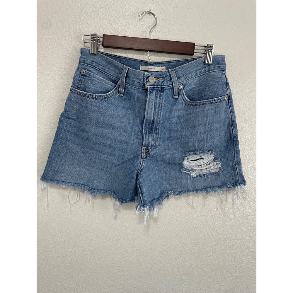 Levi's '94 Baggy Denim Shorts Womens 28 Blue Distressed Raw Hem High Rise